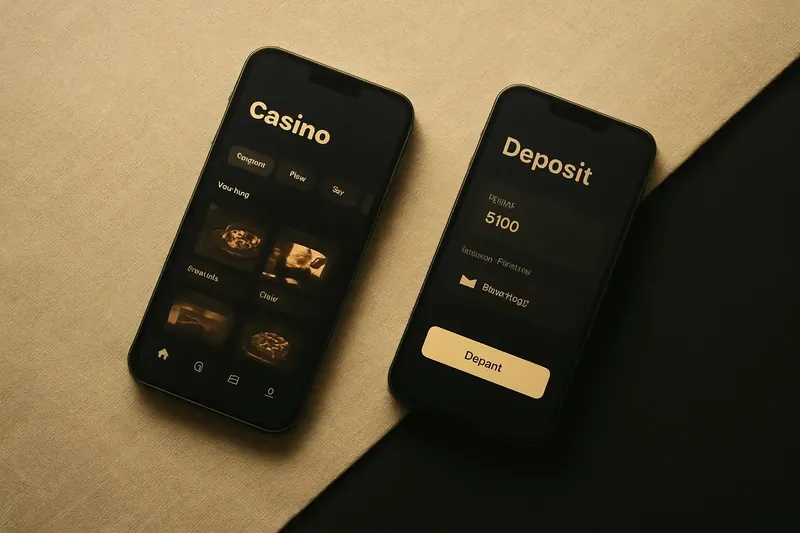 Two smartphones displaying dark casino app lobby and deposit screen