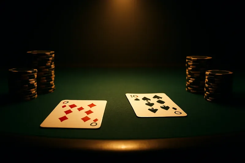 Face-up baccarat cards and chip stacks on green felt table