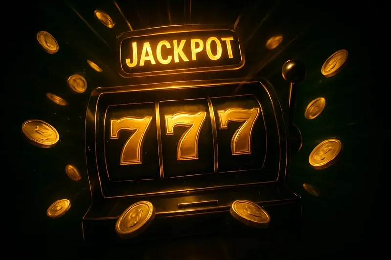 Slot machine jackpot with golden 777, coins, and neon light beams